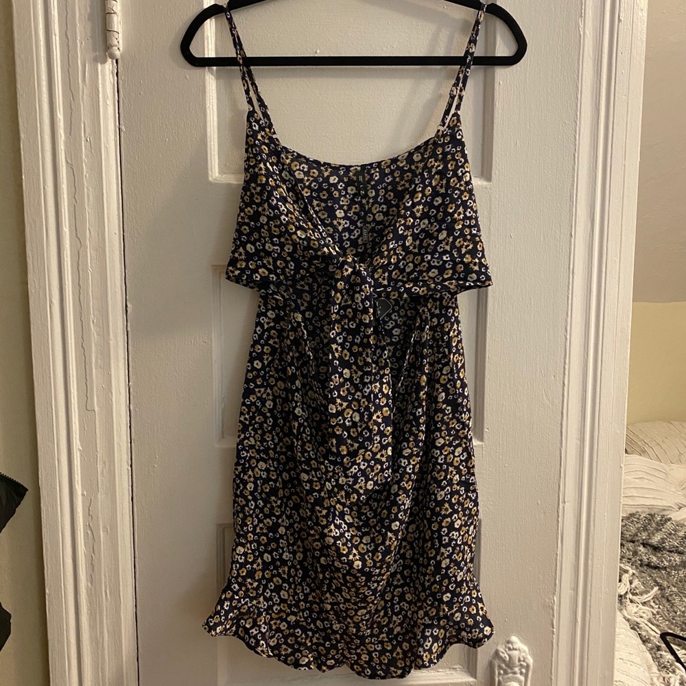 Ditsy Print Knot Cutout Ruffle Cami Dress